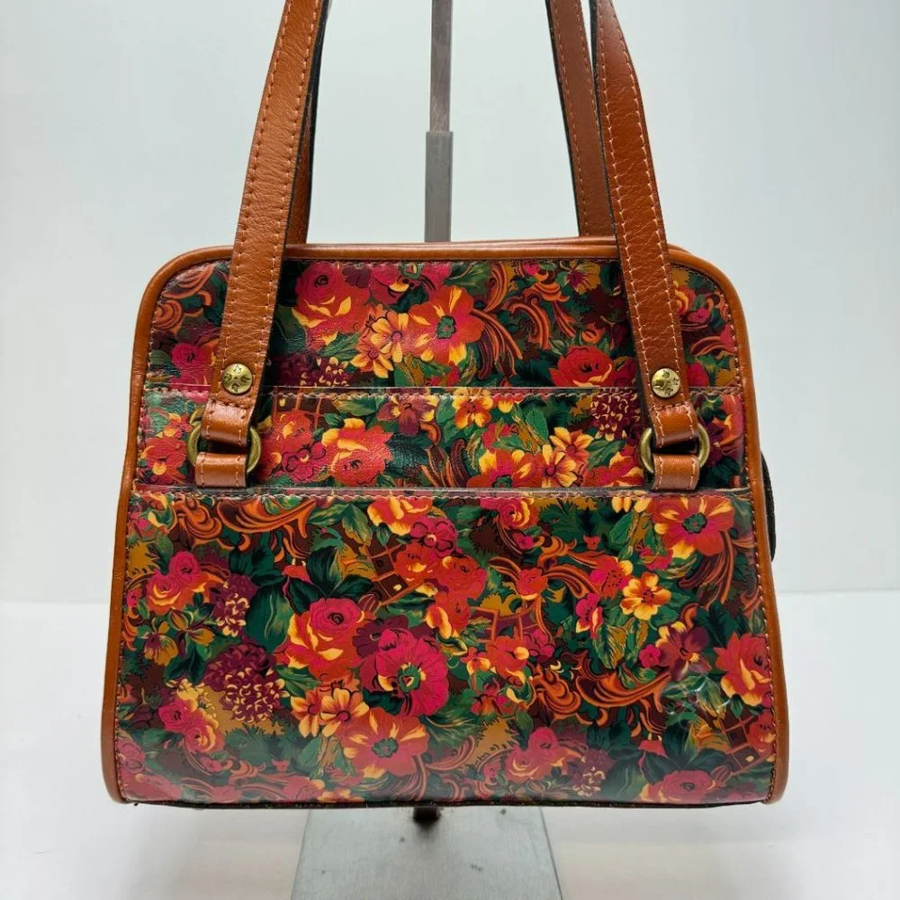 Patricia Nash Zip Close Expandable Floral Smooth Leather Tote Brown Orange Green - Picture 2 of 9